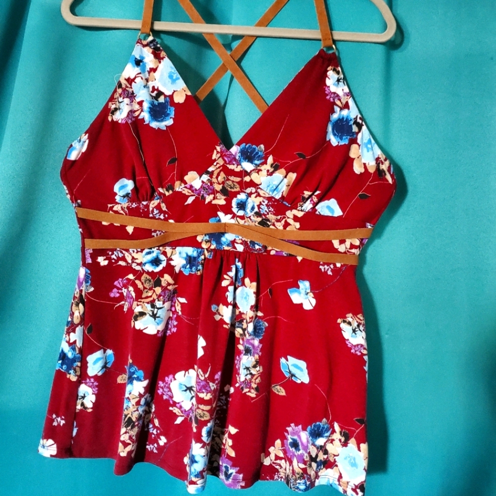 Flowered Tank W/Faux Suede